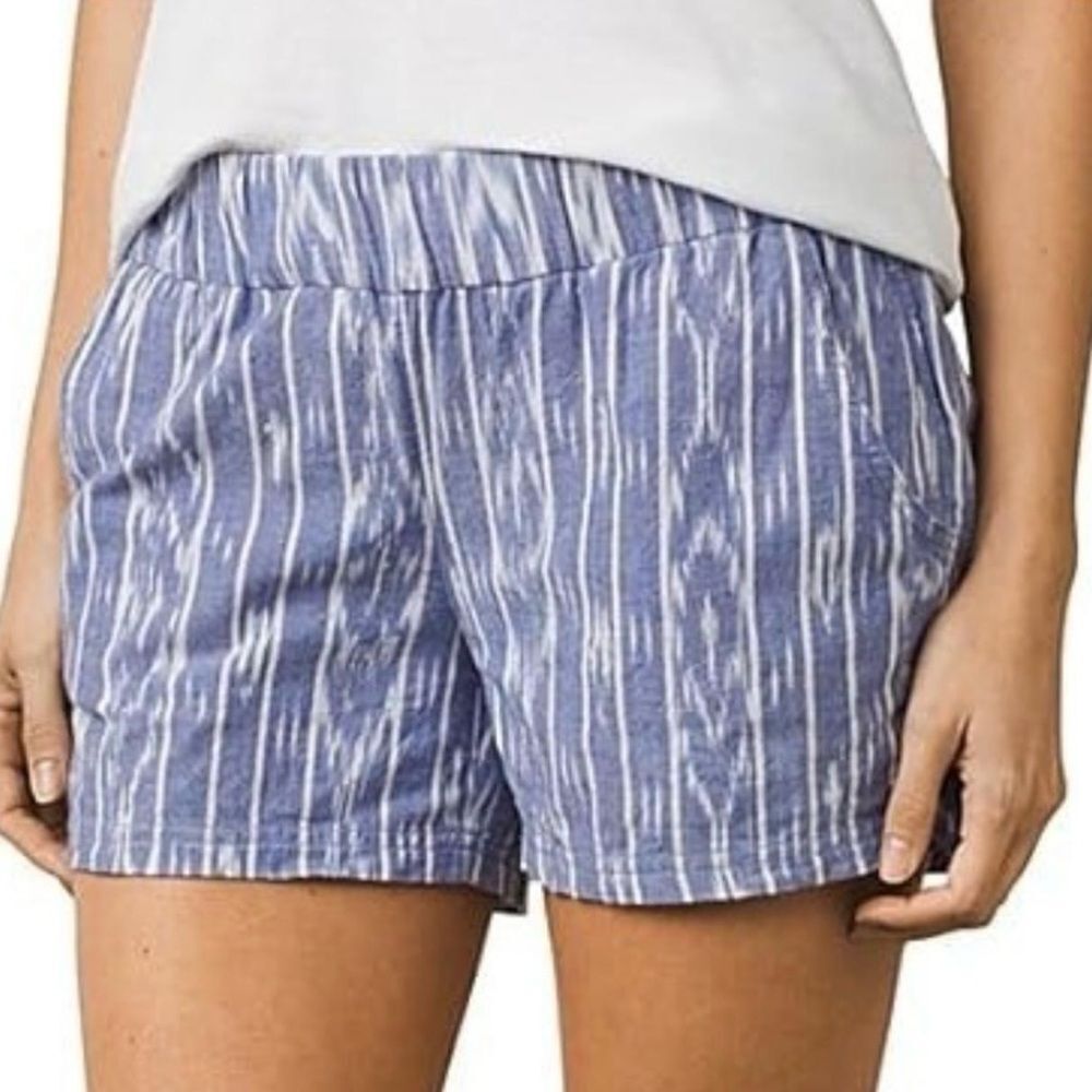 PRANA Reba Aztec Stripe Pull On Shorts 4” Inseam Organic Cotton Blue White Large